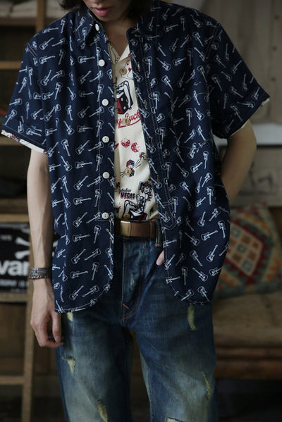 vintage wabash guitar print work shirt indigo