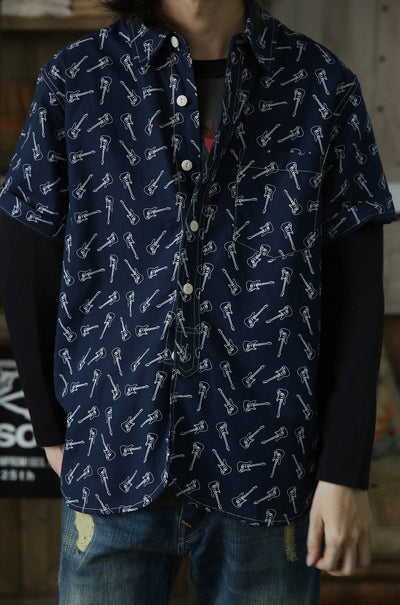 vintage work shirt guitar pattern detail