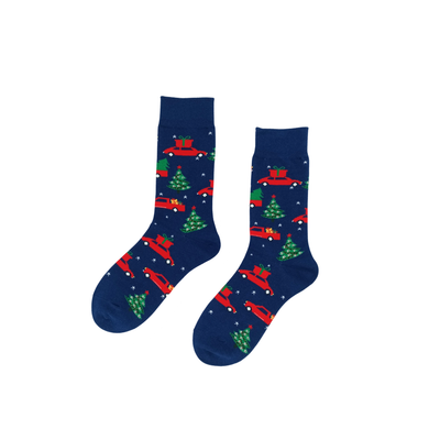 Navy Christmas socks with red truck and Christmas tree pattern – Holiday Truck by ComfySocks