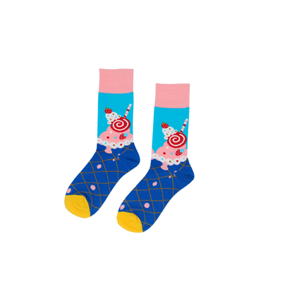 Ice Cream Sundae Socks in blue and pink on white background