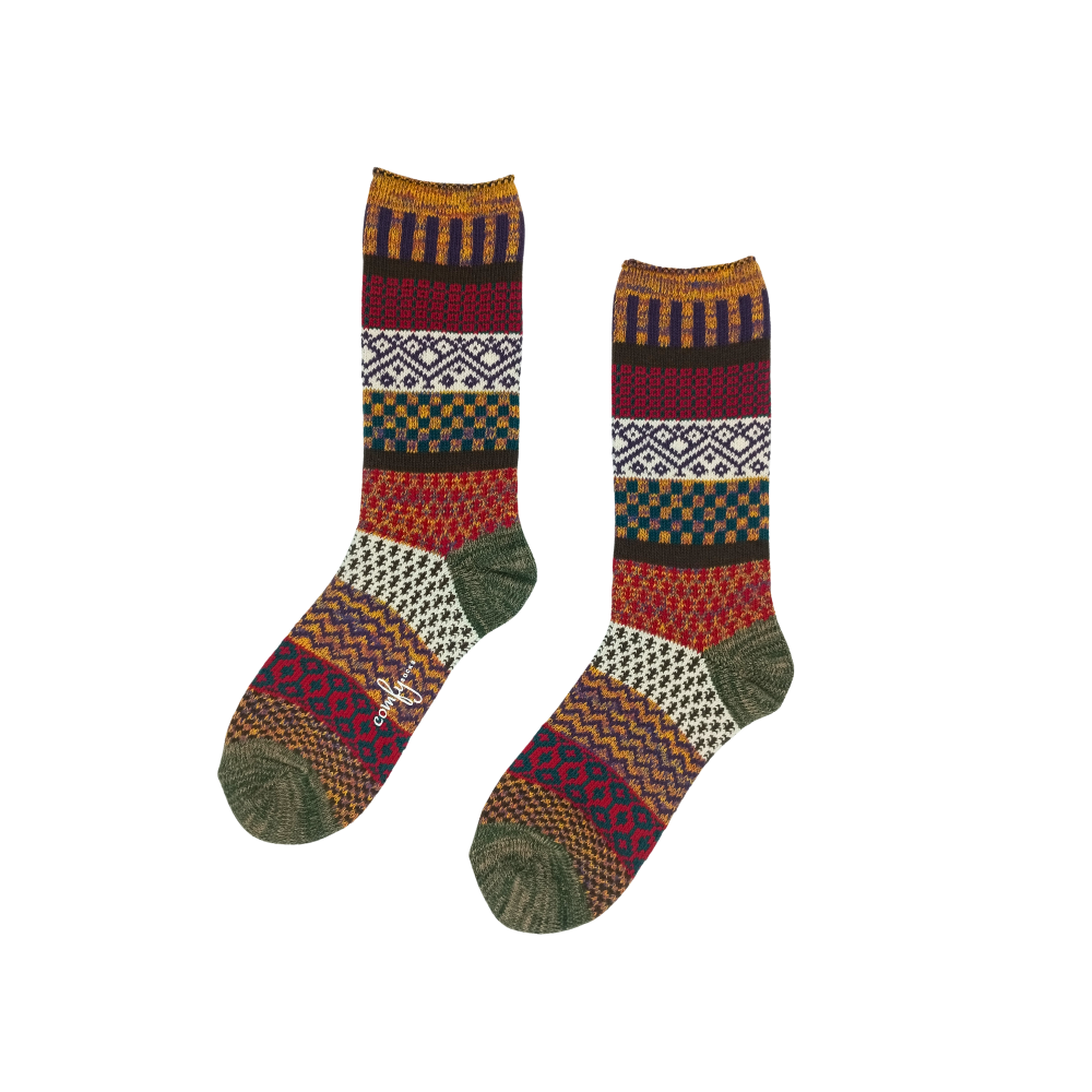 Green rust and cream tribal pattern cotton crew socks – ComfySocks