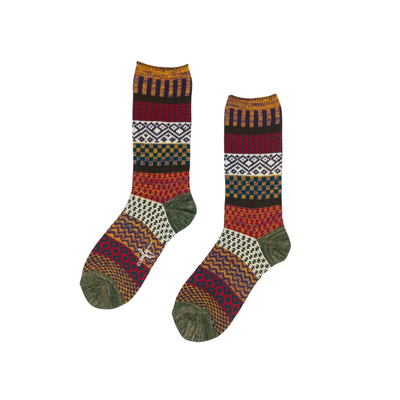 Green rust and cream tribal pattern cotton crew socks – ComfySocks