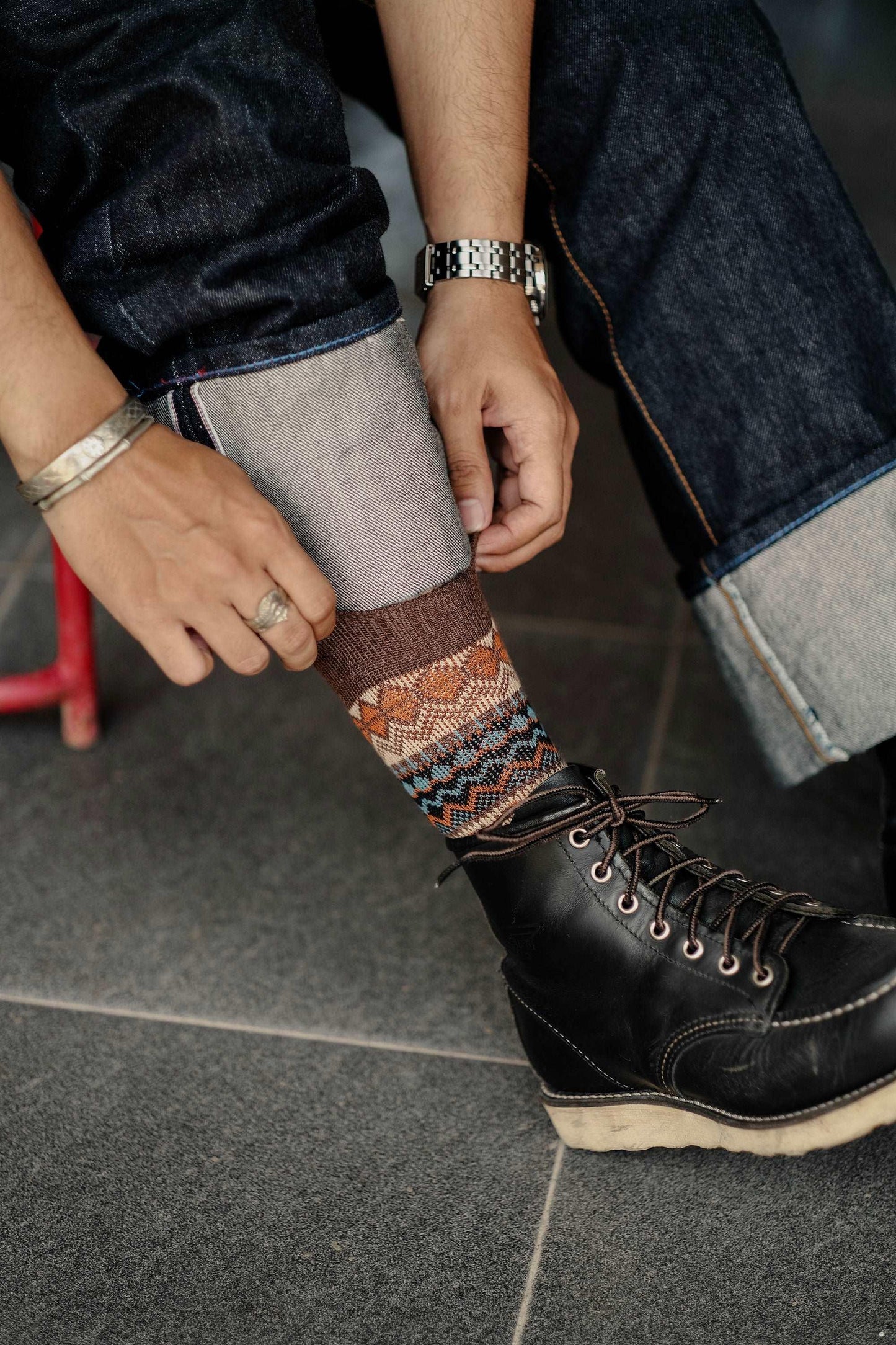 kanazawa brown tribal socks with black red wing shoesd wing shoes