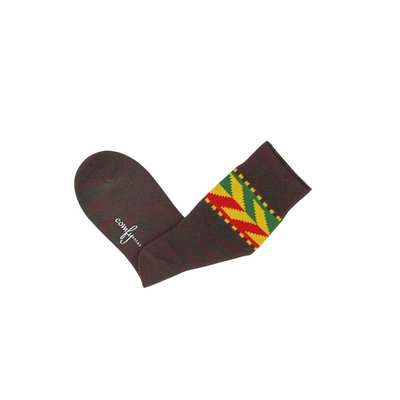 Unisex Kaze Brown crew socks featuring bold colourful tribal pattern, displayed on white background