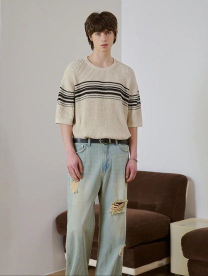 Striped Comfort Knit Tee | Korean Inspired Loose Fit Short Sleeve Sweater | Effortless Style Essential