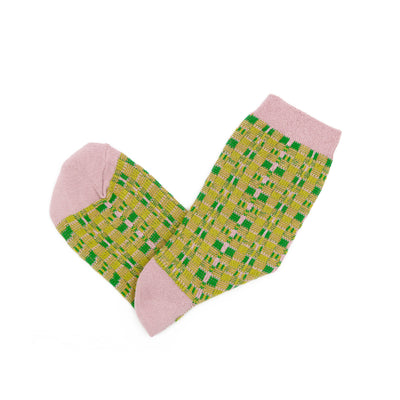 Mona Socks - vintage socks in mustard and green check with pink top, heel and toe