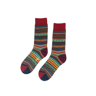 nordisk red knitted socks with nordic winter pattern