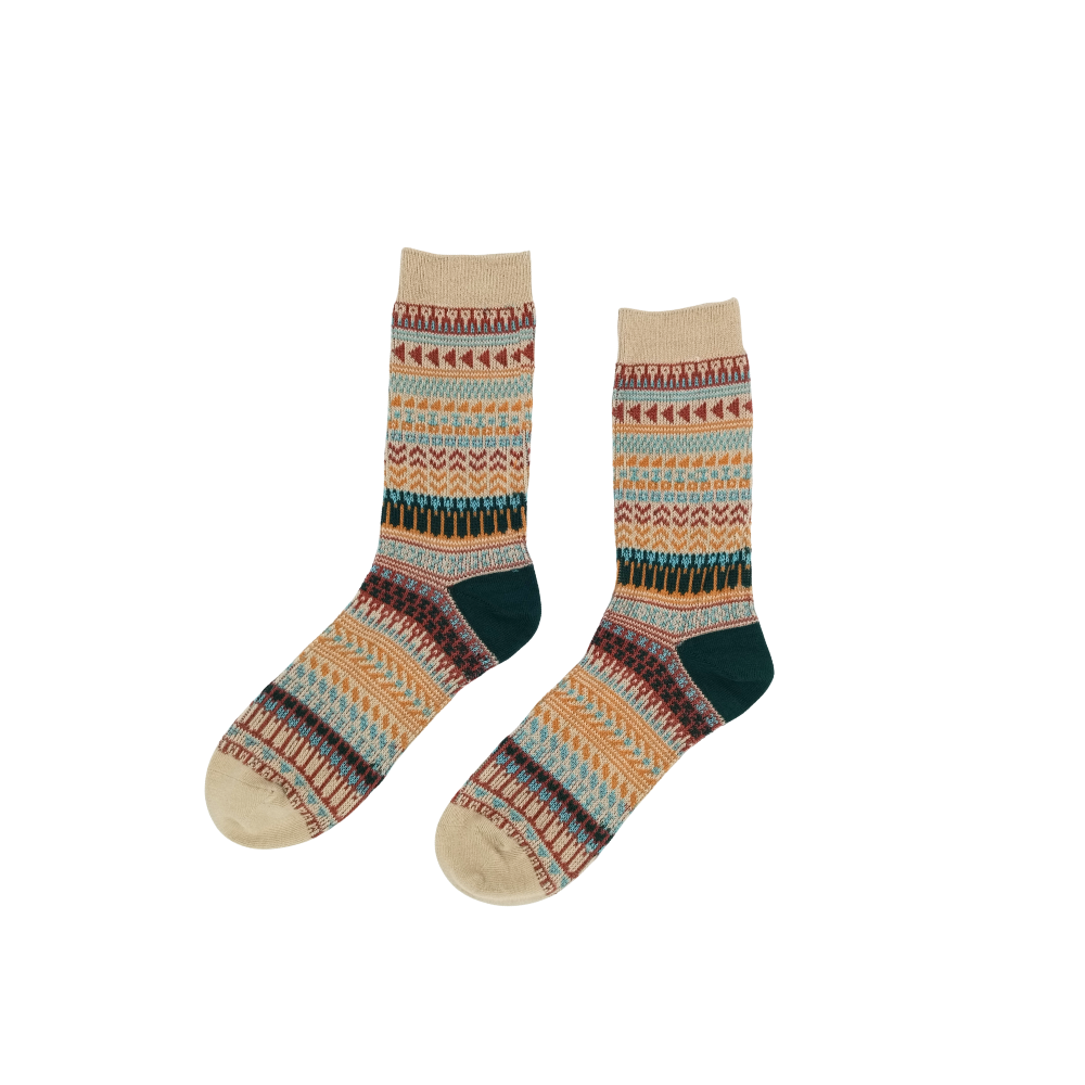 Okra socks with multi-color tribal knit pattern, crew length, EU 37–43.