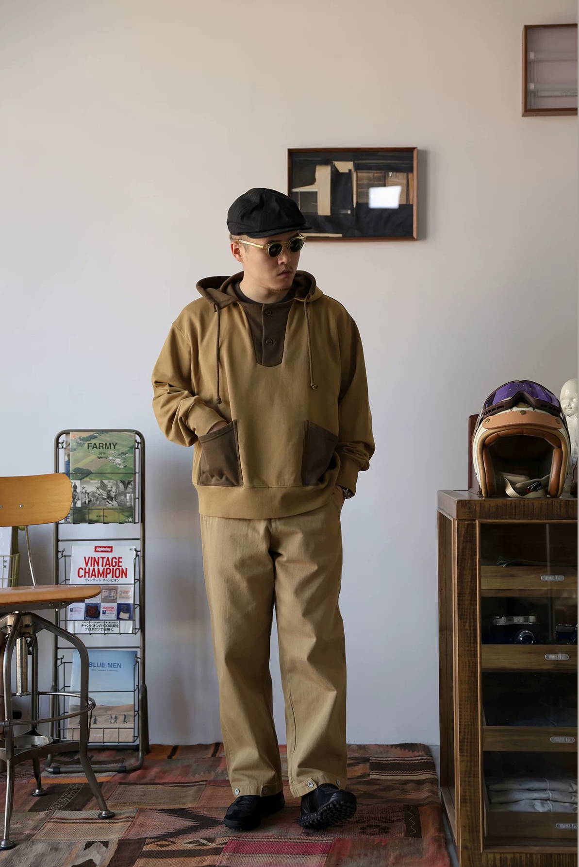 khaki brown contrast hoodie vintage style sweatshirt