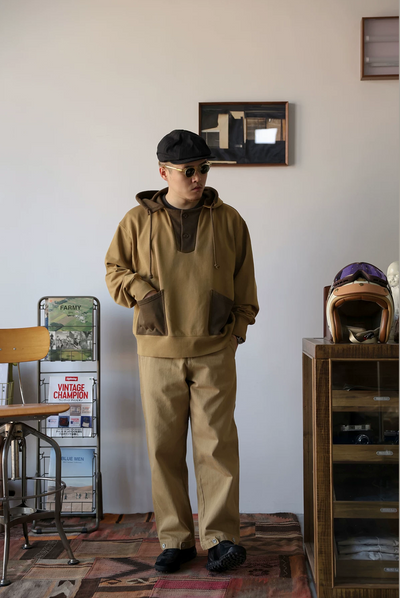 khaki brown contrast hoodie vintage style sweatshirt