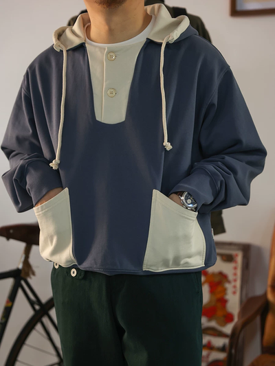 model wearing two colors unique design hoodie