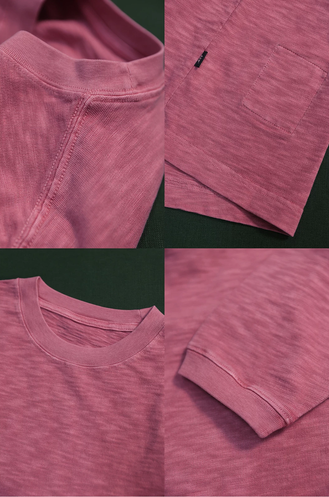 “Close-up of slub cotton texture – rose crewneck top