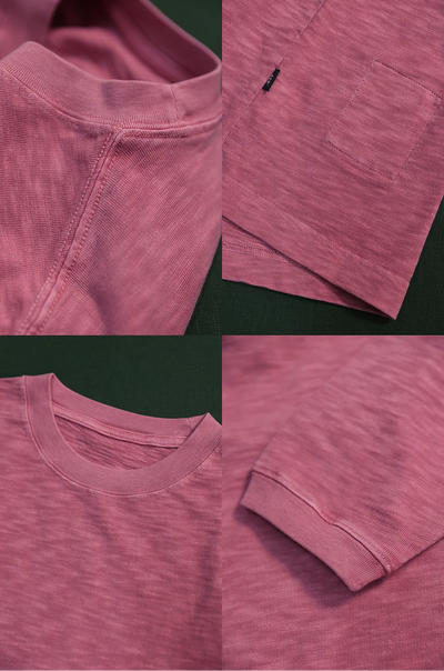 “Close-up of slub cotton texture – rose crewneck top
