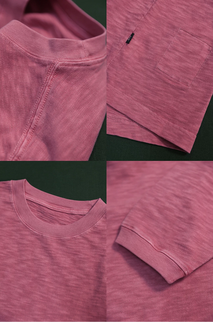 “Close-up of slub cotton texture – rose crewneck top