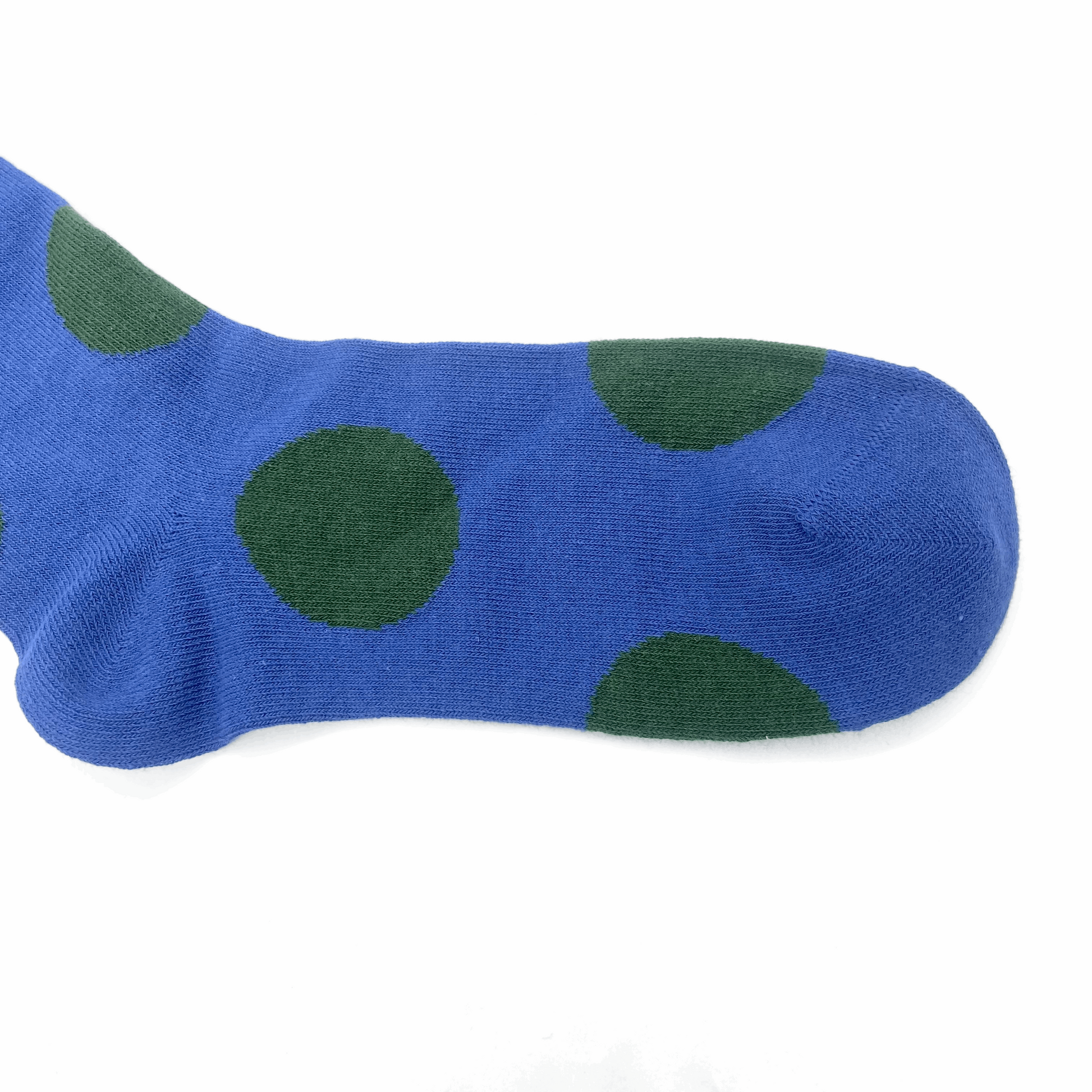 blue socks with green polka dots