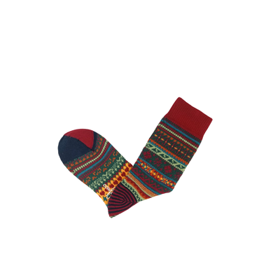 thick winter nordic socks in red fair isle design on white background