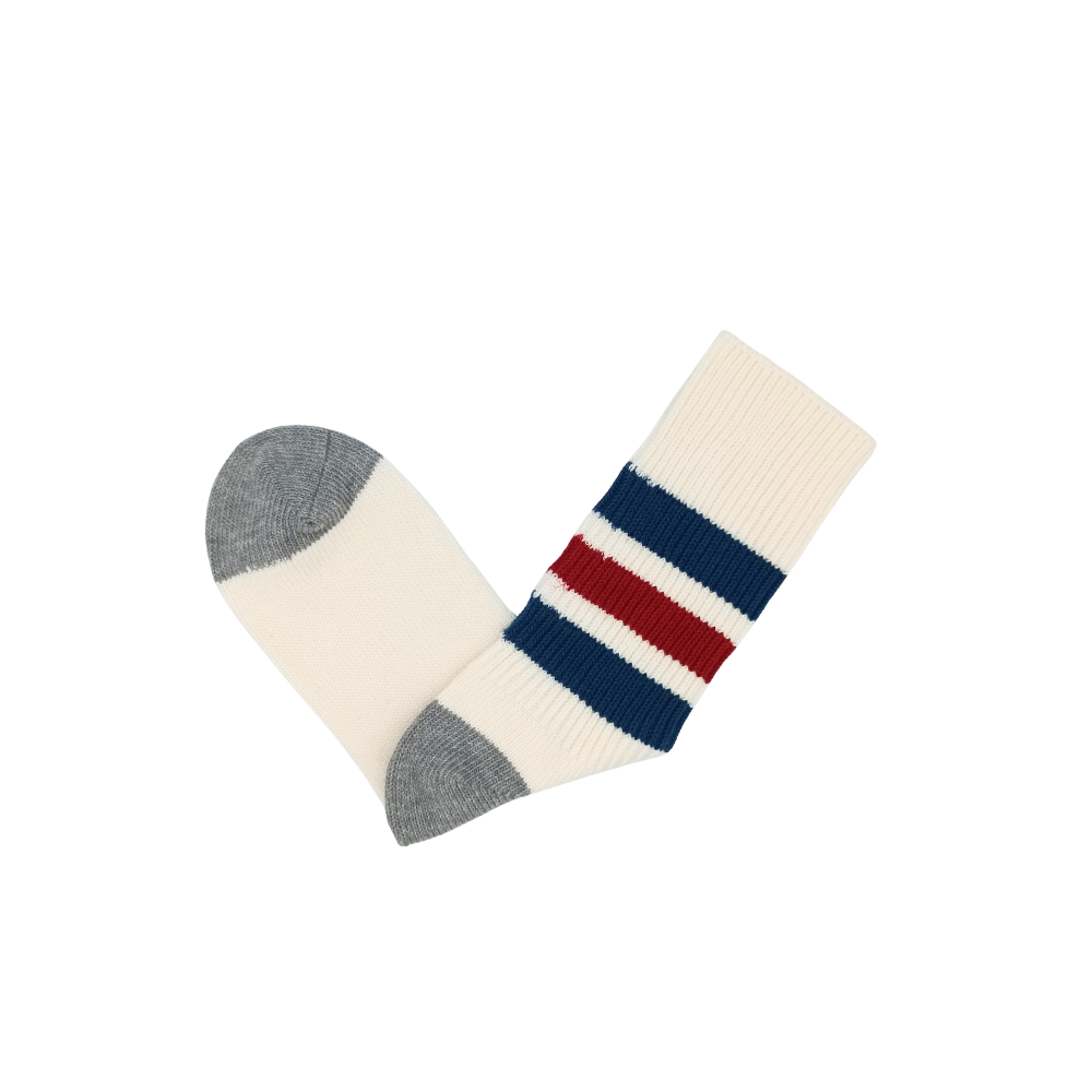 Unisex cream cotton crew socks with blue and red stripes for vintage styling