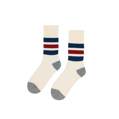Cream Riki retro stripe socks with navy and red bands on white background