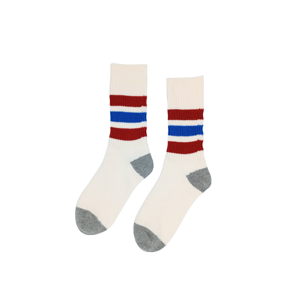 Riki striped socks in red featuring a clean red-blue stripe design. Comfortable cotton crew socks perfect for everyday wear with sneakers or boots.