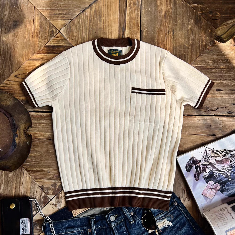 Vintage Knitted T-shirt Chest Pocket S Brown