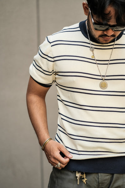 Model wearing Knitted T-shirt - White Navy Nautical Stripes