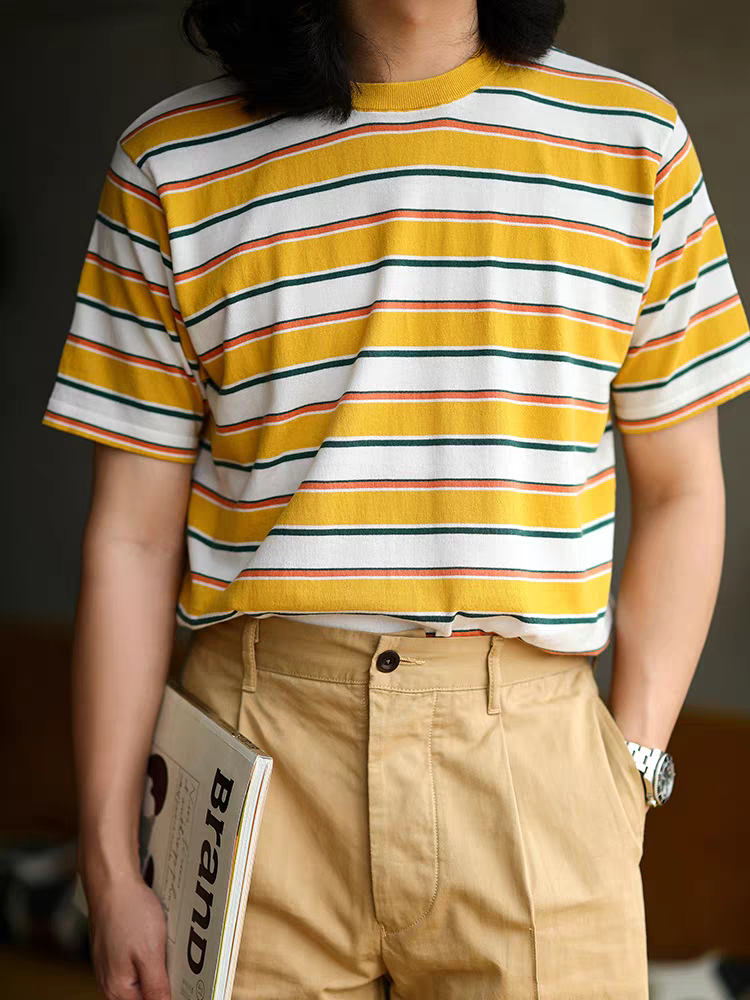 50s vintage yellow white stripe unisex crew tee