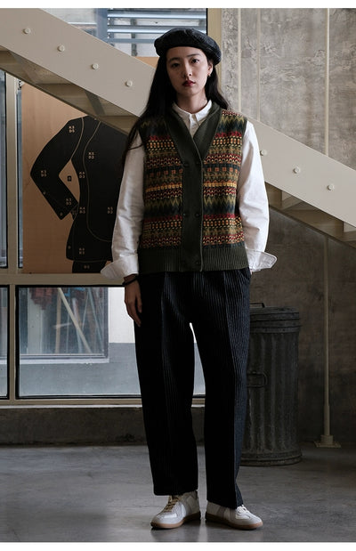 Fair Isle Pattern Australian Wool Jacquard Vest Sweater Cardigan Comfysocks