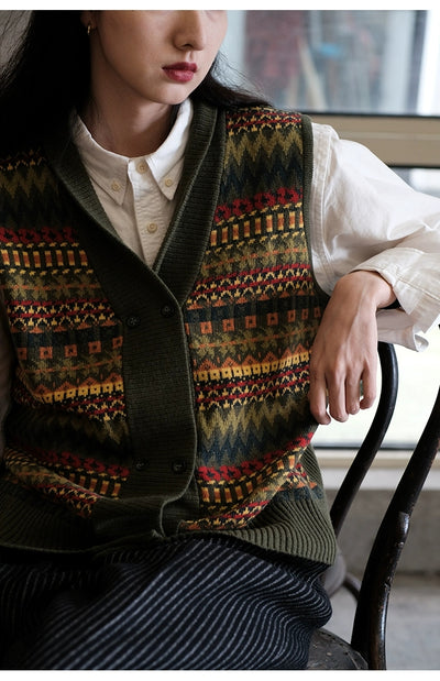 Fair Isle Pattern Australian Wool Jacquard Vest Sweater Cardigan Comfysocks