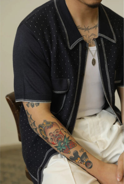 Retro Knit Polo with Contrast Stitching -  Tight Fit (Available in Navy & Red)