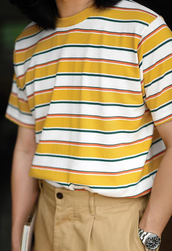 50s vintage yellow white stripe unisex crew tee