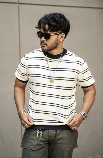 Model Knitted T-shirt - White Navy Nautical Stripes