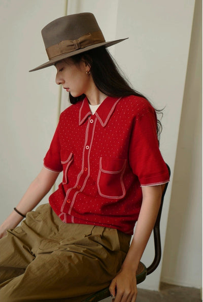 Retro Knit Polo with Contrast Stitching -  Tight Fit (Available in Navy & Red)