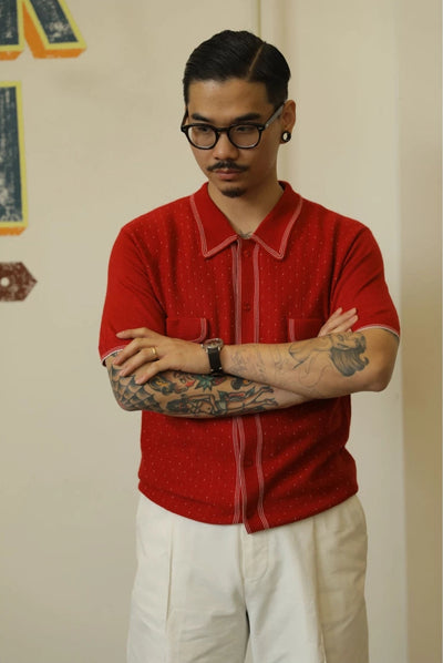 Retro Knit Polo with Contrast Stitching -  Tight Fit (Available in Navy & Red)