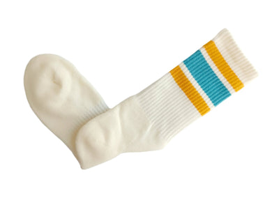 Retro Sporty Striped White Socks - Yellow and Blue Comfysocks