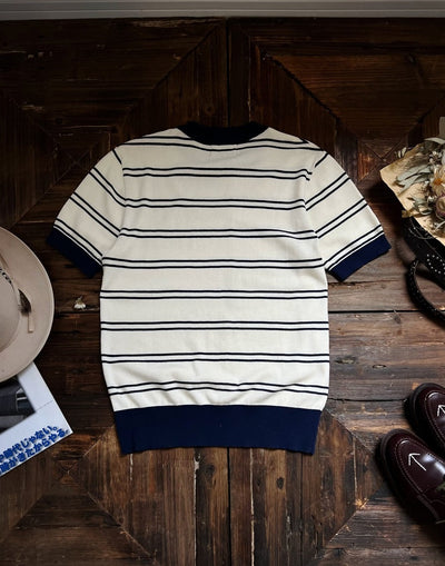 Knitted T-shirt - White Navy Nautical Stripes