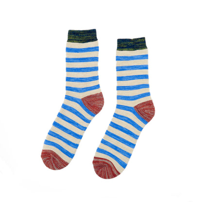 thick stripe socks in blue color with orange heel and toe