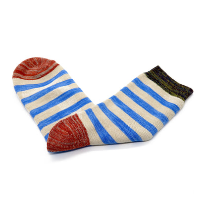 thick stripe socks in blue color with orange heel and toe