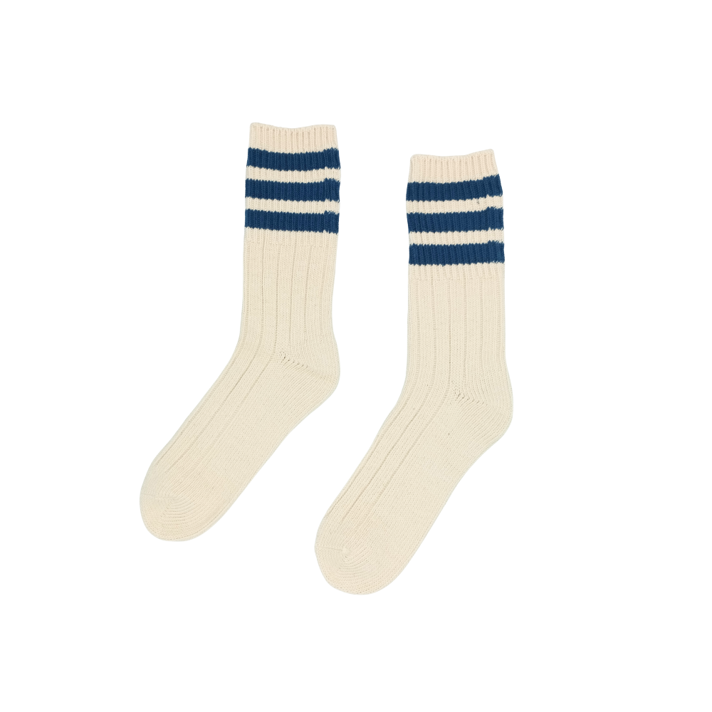 Thick Three Striped Socks Blue flat lay on white background