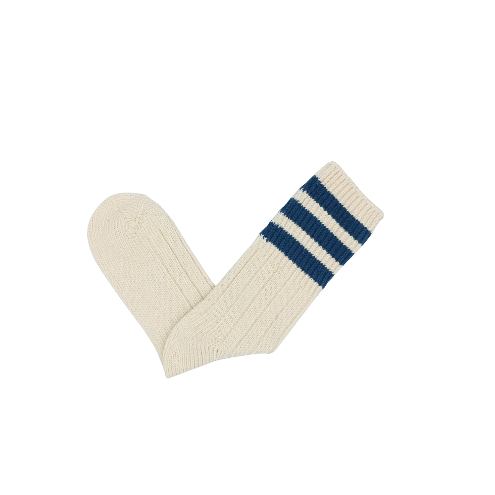 Close-up of thick knit cotton fabric in Three Striped Socks Blue