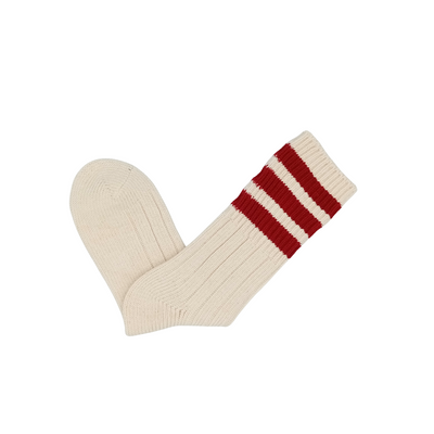 Retro sporty cream socks with three bold red stripes, crew length.