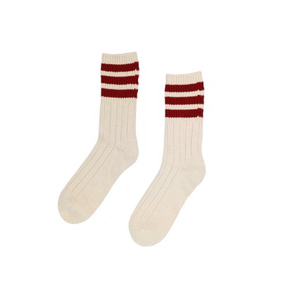 Thick ribbed cream and red striped crew socks, EU size 37–43.