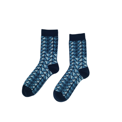 Triangle Fun Socks in indigo blue with geometric pattern, crew length.