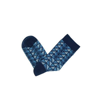 Geometric patterned Triangle Fun Socks in blue tones, unisex crew fit.