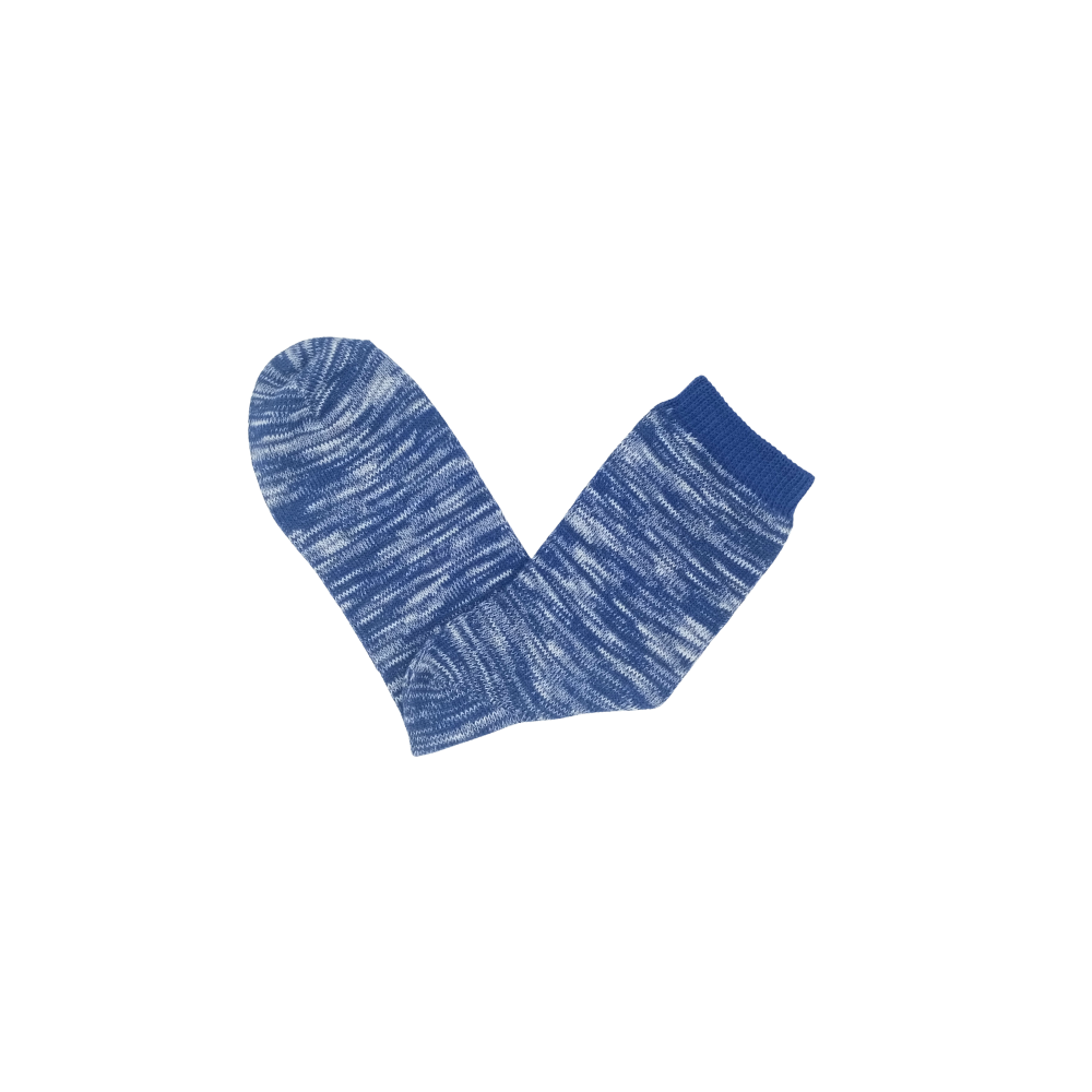 Zeon Blue Socks – cozy blue marled pattern unisex socks flat lay on white backdrop