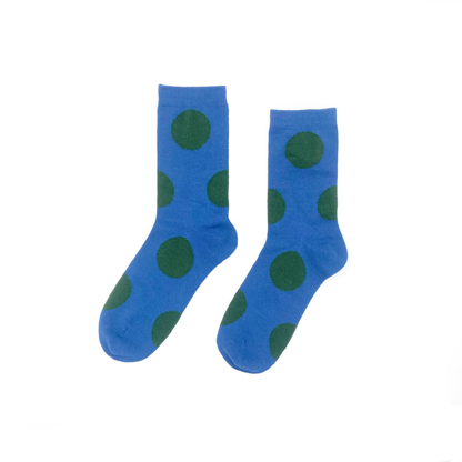blue socks with green polka dots